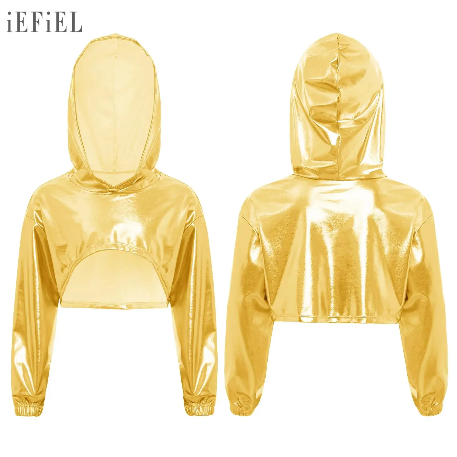 

Kids Girls Hip-Hop Jazz Dance Hoodies Performance Costume Asymmetrical Hem Metallic Street Wear Long Sleeve Cropped Hooded Top