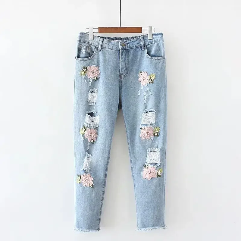 Women's Ripped Jeans Loose Hole Flowers Embroidery Beaded Denim Pants Ankle-Length Burrs Harem Pants Female