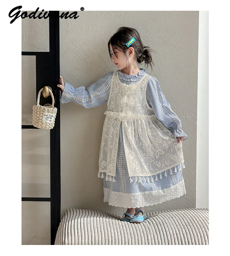 Sweet Baby Girls Dress 2pcs Set Summer 2026 New Kids Blue Plaid Long Sleeve Princess Dress Mesh Lace Embroidery Tassel Tank Top