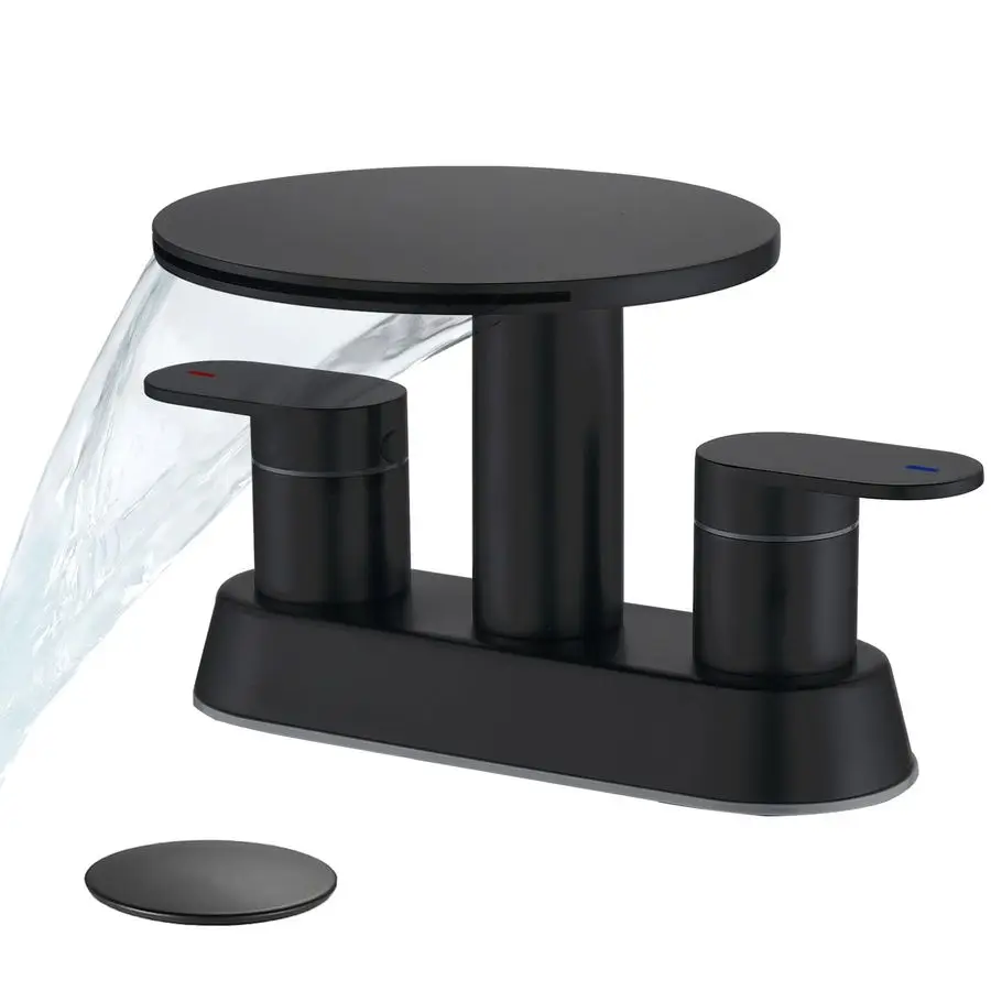 

Смеситель для раковины с 3 отверстиями, матовый черный, с эффектом водопада, 4-дюймовое крепление, с выдвижным сливом, 2 ручки, из нержавеющей стали