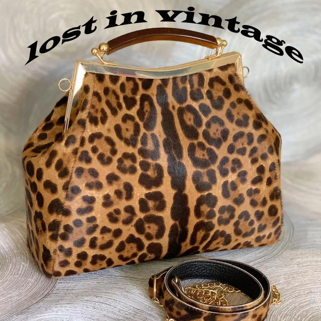 

Lost in Vintage Leather leopard Print Bag Kisslock Bag Purse Shoulder Cross Bags Metal Frame Clutch Detachable Chain 33x23x8cm