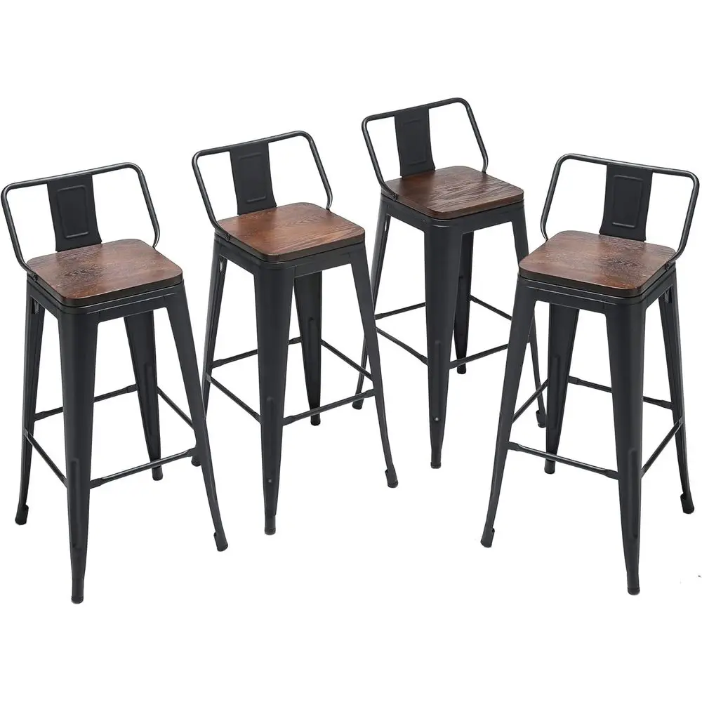 

Set of 4 Wooden Seat Metal Bar Stools, 30 Bar Height, Matte Black Finish