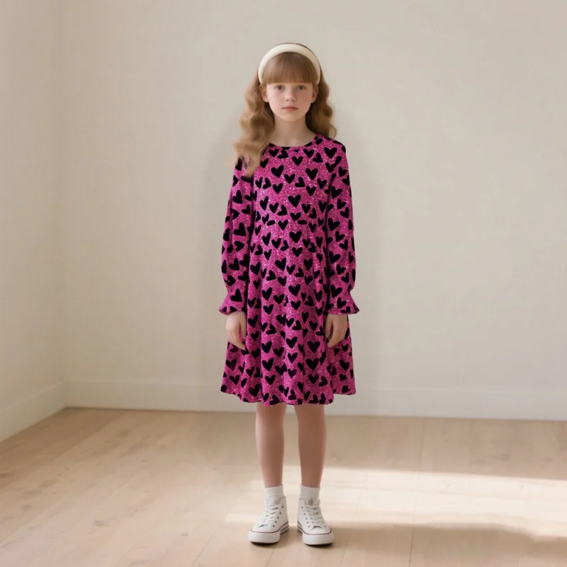 Cross-border Hot-selling: Girls' Love Printed Long-sleeved Dress, Cute Pink Horn Cuffs, Suitable for Kids Leisure and Party Wear