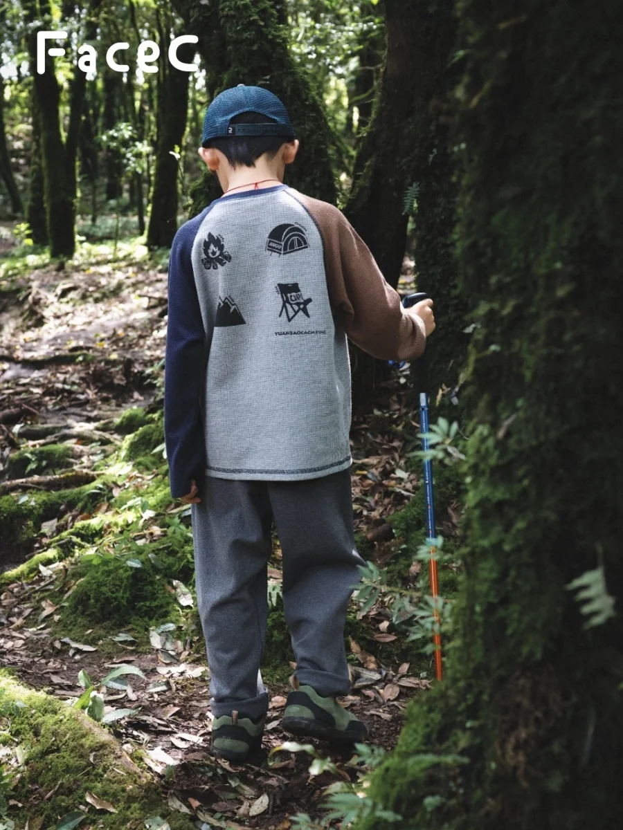 Thickened Long Sleeve T-Shirt for Boys Outdoor Camping Style Color Block Design Cotton Polyester Blend Sweat Absorbent round ...