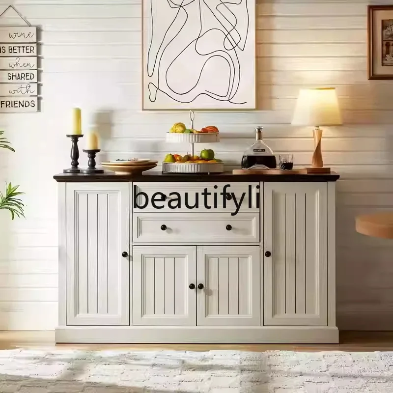 

American Country Retro Rattan Woven Solid Wood Sideboard Cabinet Living Room Wall-Mounted Entryway