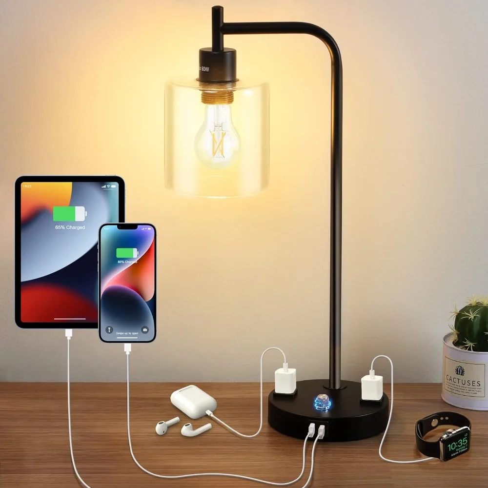 Upgraded Table Lamp, Fully Stepless Dimmable Desk Lamp with 2 USB Charging Ports and 2 AC Power Outlets, Modern Bedside Lamp