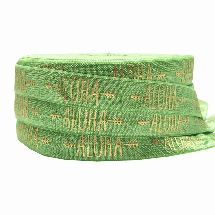 Gold Aloha Arrow Print Fold Over Elastic Ribbon DIY Hawaiian Birthday Hair Ties, Beach Party Gift Decoration Accessory 16mm 10Y