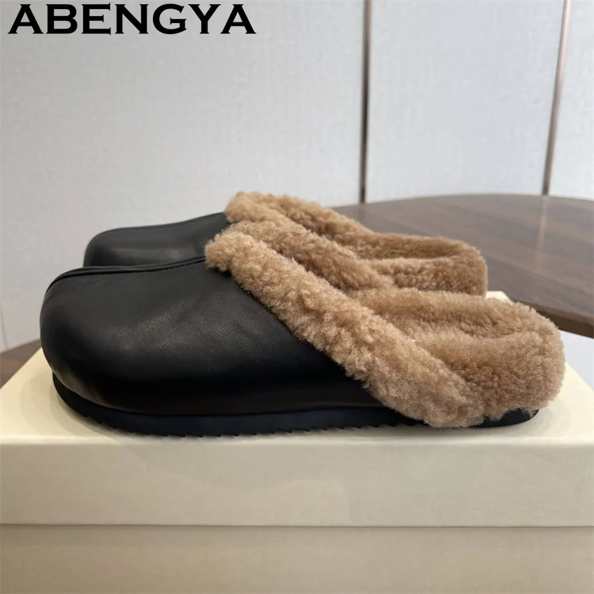 

Real Leather Round Toe Fur loafers Slippers Women Obese Casual Warm Comfort Wool Flat Slippers Winter Fashion Mules Shoes Woman