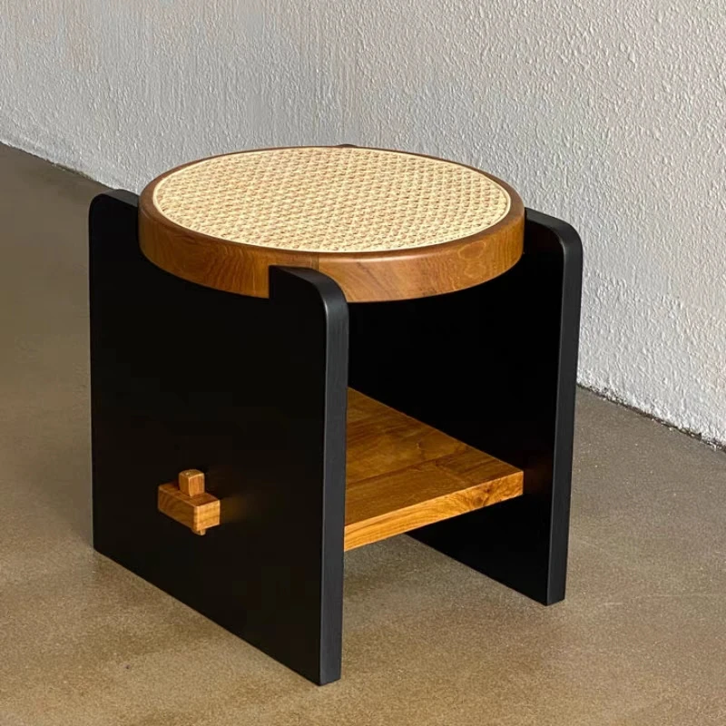 Ancient Wooden Rattan Chairs for Home Living Room Low Stools, Minimalist Style Dressing Stool, Shoe Stool,
