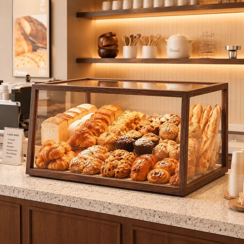 Solid Wood Glass Bakery Display Cabinet, Small Front Desk Bar Counter Showcase for Cake Coffee Shop Pastry Dessert Bread