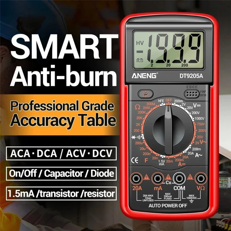 DT9205A Digital Multimeter AC/DC Transistor Tester Electrical NCV Test Meter Profesional Analog Auto Range Multimetro