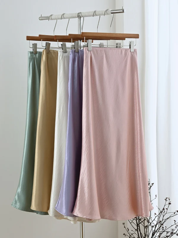 

New Chinese Style High Waist A-Line Skirt plus Size Color Satin Long Half-length Slimming Women's Fashion Commute