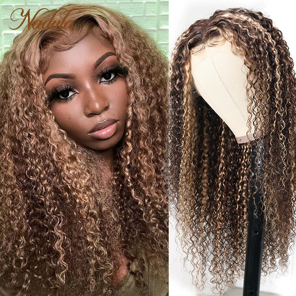 Nadula Hair 13X4 Highlighted Curly Lace Frontal Wig Body Wave Hair With Highlight Wig Human Hair Honey Brown Color for Women