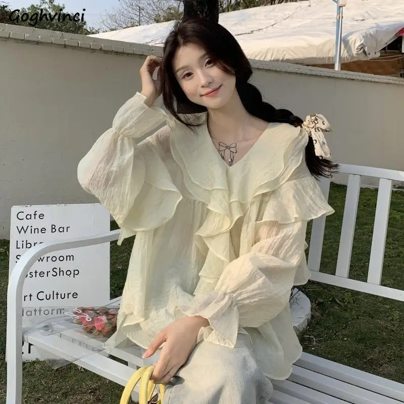 Women Blouses Tender Ruffles Chic Puff Sleeve Design Korean Style Sweet Mujer Solid Color Loose All-match Faddish Clothes Spring