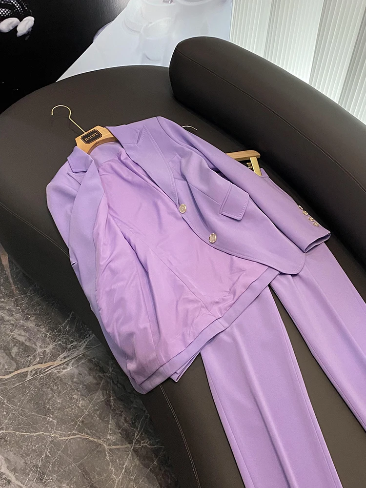 Abito formale solido da ufficio viola chiaro da donna, manica lunga, due bottoni, Blazer dentellato, pantaloni a matita da donna 2 pezzi