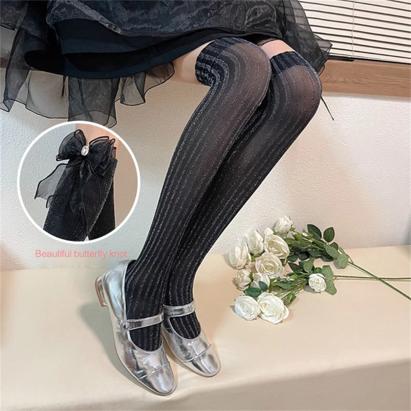 1Pair Thigh Highs Stockings with Rhinestones Bowknot for Women Princess Sparkly Shiny Striped Sexy Over The Knee Long Socks