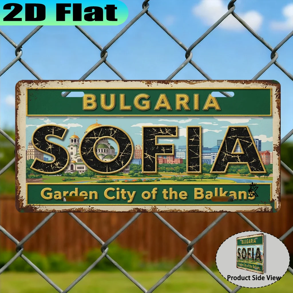 2D Flat Bulgaria Sofia Balkan Garden City Vintage Metal License Plate Travel Souvenir Retro Bar Wall Decor Tin Sign
