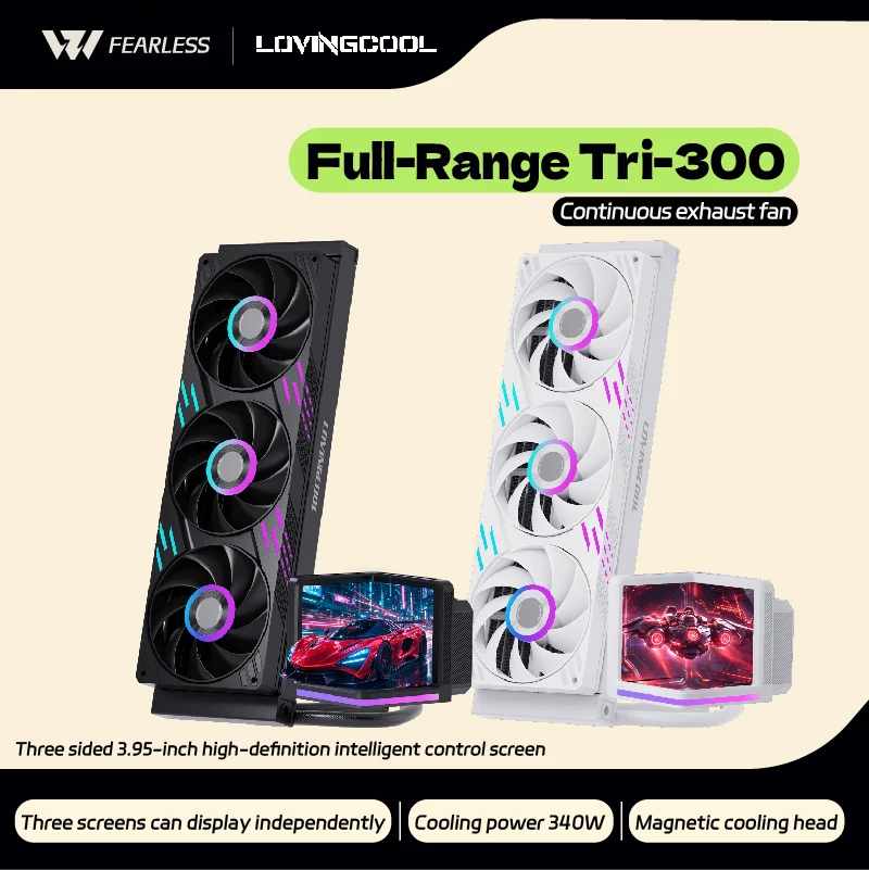 LOVINGCOOL – Radiador de refrigeração líquida para CPU, modelo Tri-300, com capacidade para uma gama completa de processadores, ecrã de 3,95 polegadas com três lados, potência de 340 W, sistema de refrigeração a água de 360 mm, correia e ventoinha ARGB.