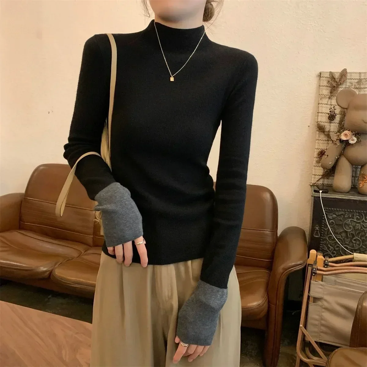 half turtleneck knit sweater women\'s new autumn and winter advanced sense slimming western-style base shirt with top