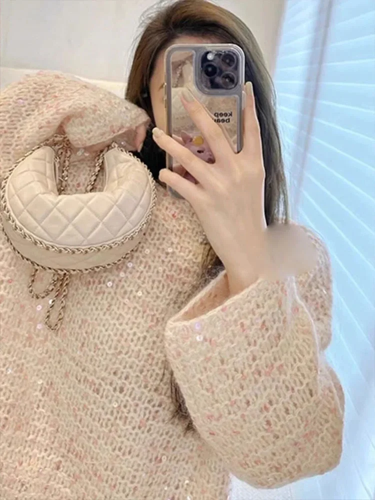 Sequins Knitted Pullovers Women 2023 Autumn New Off Shoulder Long Sleeve Loose Sweater Korean Sweet Chic Warm Shiny Tops