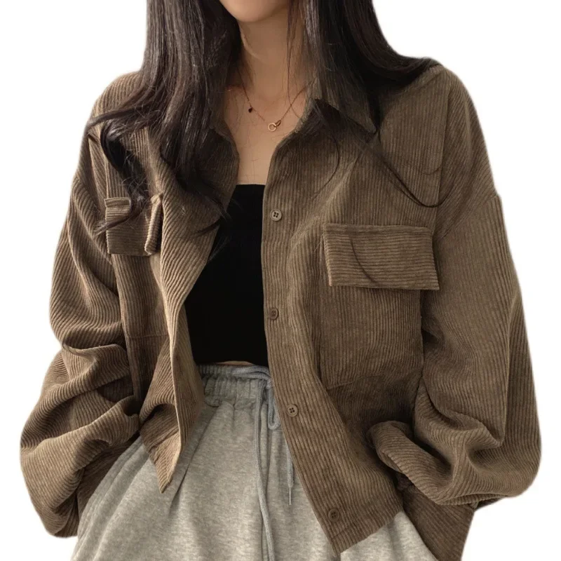 

Spring Autumn Retro Women's Corduroy Jacket Long Sleeve Top Button Shirt Loose Fashion Coat Harajuku Korean New