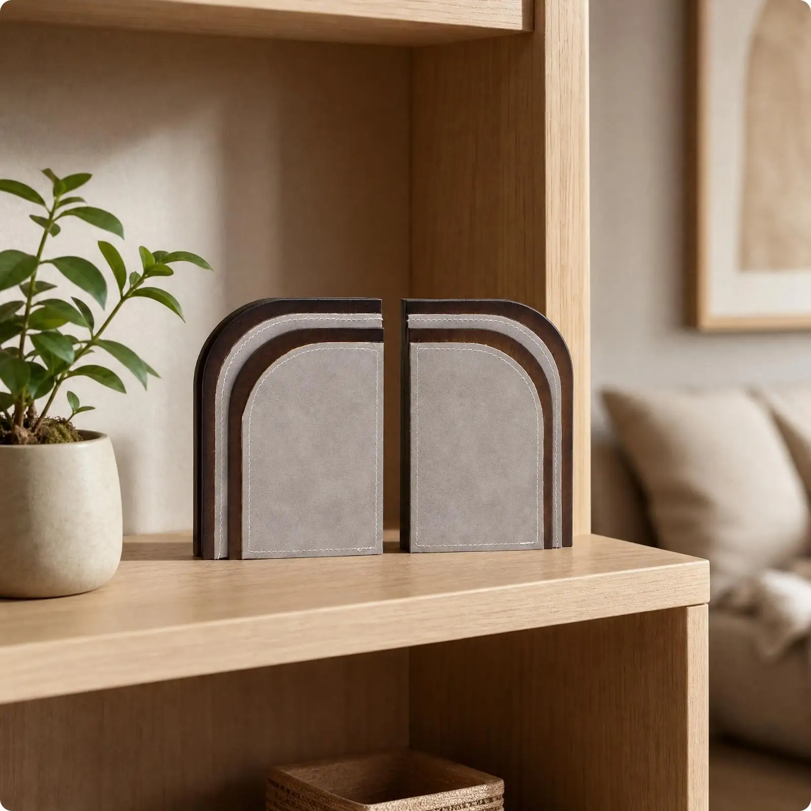 Handmade Wooden Bookend with Leather Front Panel Decorative Stitched Leather-Face Bookend Sculptural for Bookshelf, Study Room