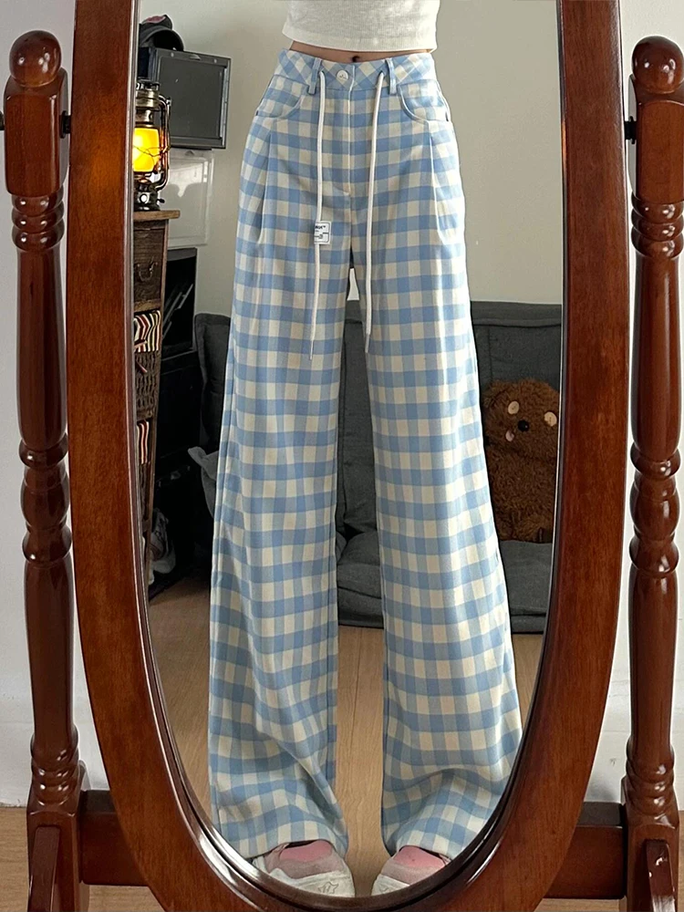 Pantalon à carreaux pour femmes, nouveau Style d'été, tendance, Simple, artistique, polyvalent, bleu, taille haute, jambes larges