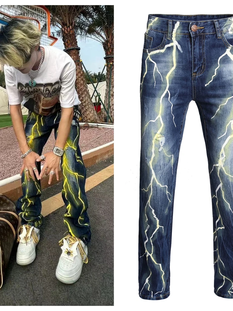 

Модные джинсы из денима с эффектом потертости и принтом в виде молнии для мужчин и женщин, прямого кроя, со средней посадкой, на молнии, для повседневной носки