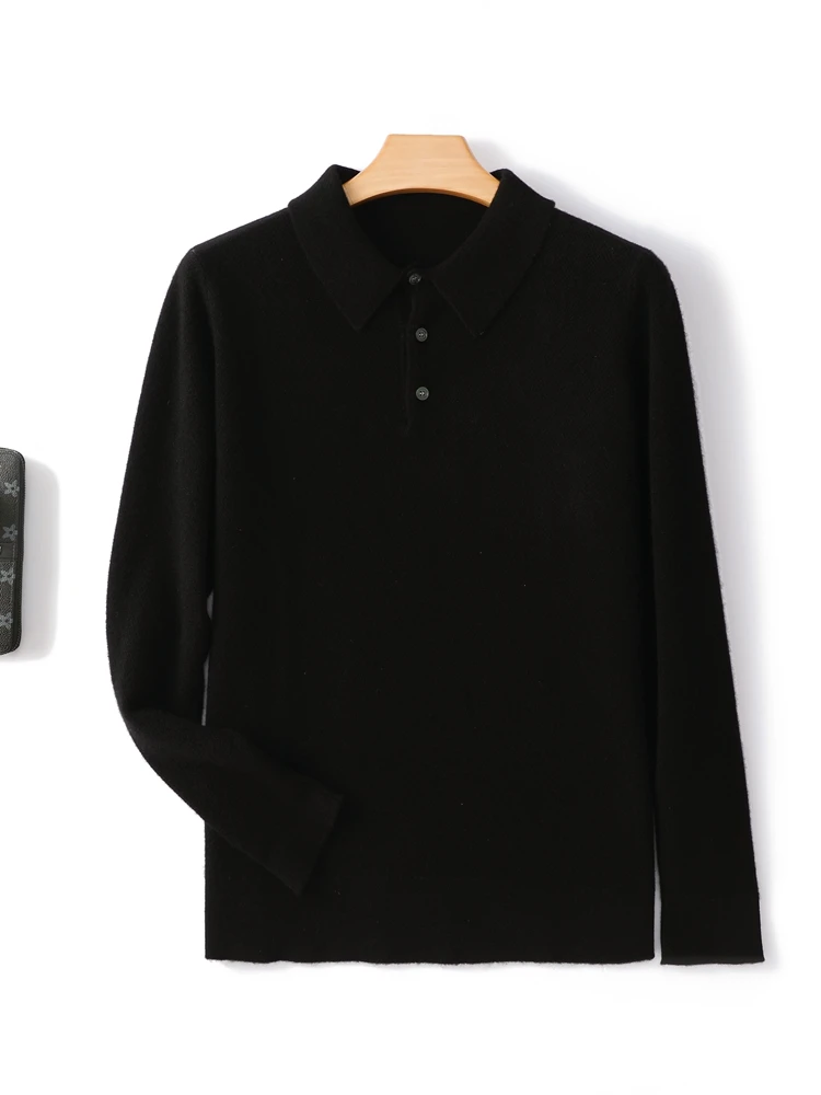 100% ميرينو سترة صوف للرجال قميص طوق متماسكة الدافئة البلوز الخريف الشتاء سميكة طويلة الأكمام بلون الترفيه الملابس