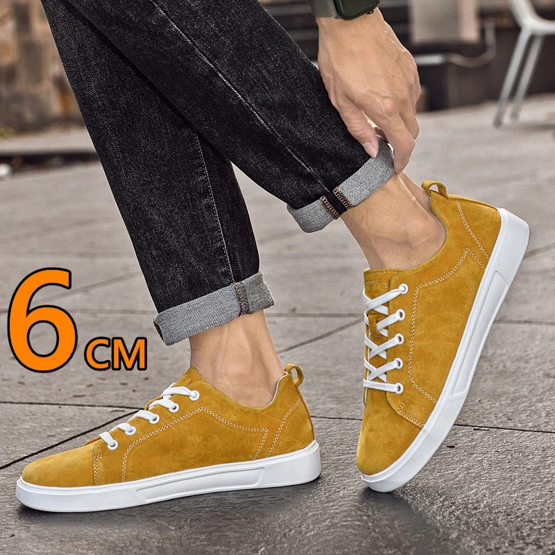 Men's Suede Casual Elevator Shoes 6cm Hidden Heel Height Increasing Sprots Breathable Comfortable Leather Lift Sneakers for Men