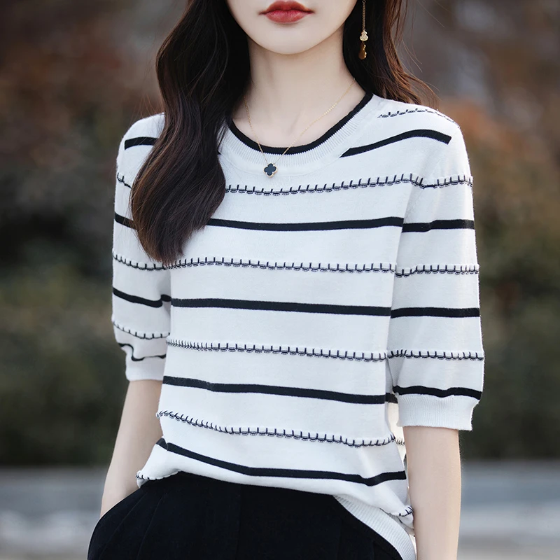 Women's T-shirt Summer 100% Cotton Sweater Short Sleeve Casual Striped Round Neck Ladies Tops Loose Blouse Hollow Pullover Tees image 6