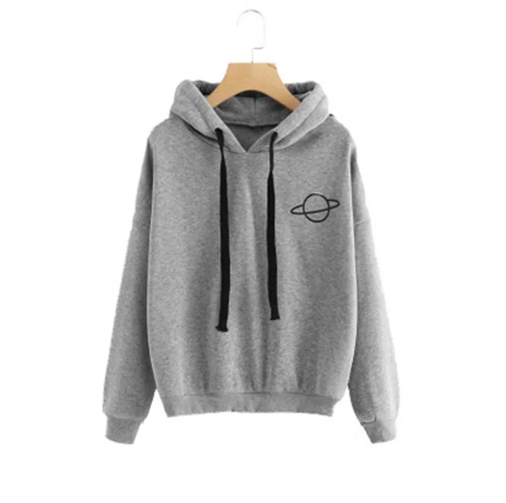 Cute Planet Graphic Hoodie For Women Loose Hooded Tops Trendy Printed Hooded Solid Color Pullover Fleece Drawstring Sweatshirt