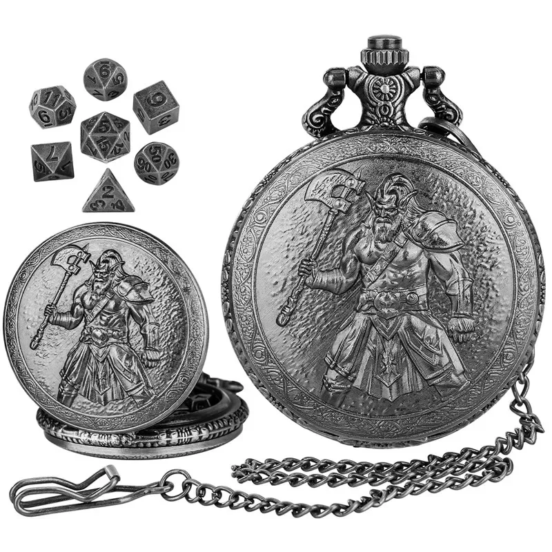 

7pcs/set Tiny Metal Polyhedral Dice for Role Playing Game RPG Dices with Axe Barbarians Pocket Watch Case Pendant Chain