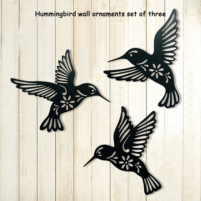 3 Pieces Metal Hummingbird Wall Art Decoration Hollow Out Iron Black Bird Sculpture Hanging Pendant Ornament Home Decor