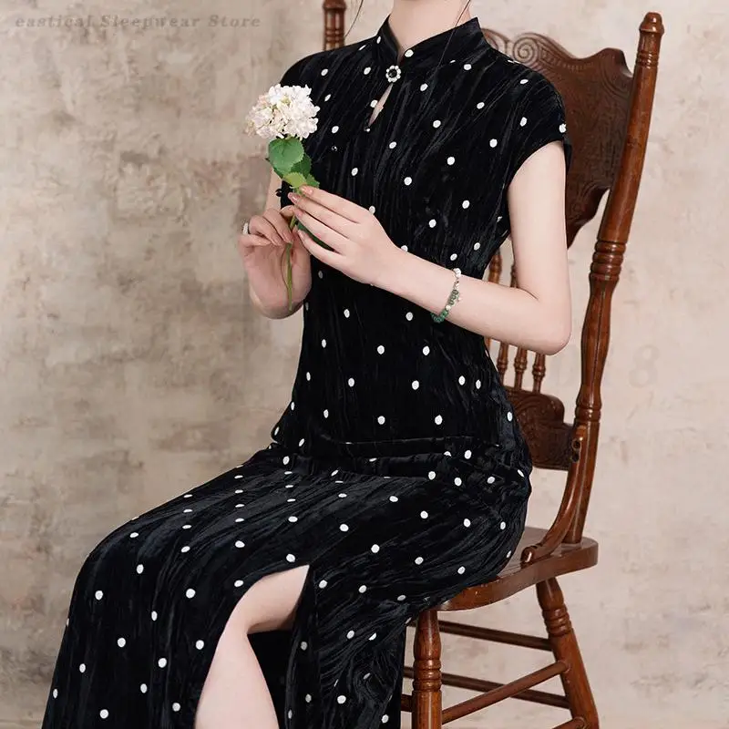 

Vintage Chinese Traditional Qipao Temperament Fish Tail Long Cheongsam 2025 Autumn Winter New Plus Size Dress Elegant Vestidos