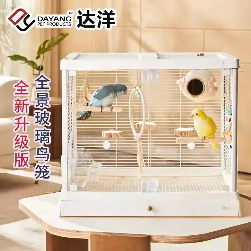 For Bird Cage Large Ecological Full Landscape Glass Cockatoo Parrot Aviary with Peony Design Spacious Durable