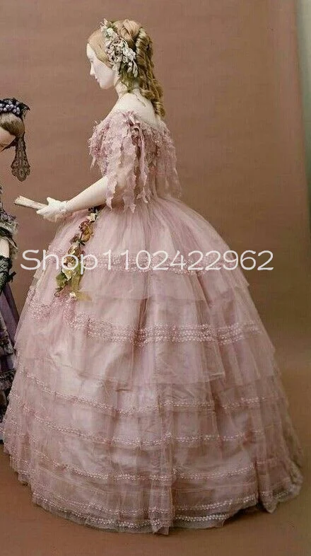 Rose Pink History Tunic Evening Formal Dresses Vintage Ruffles Lace Applique Floral Bustle Corset Victorian Duchess Prom Gown