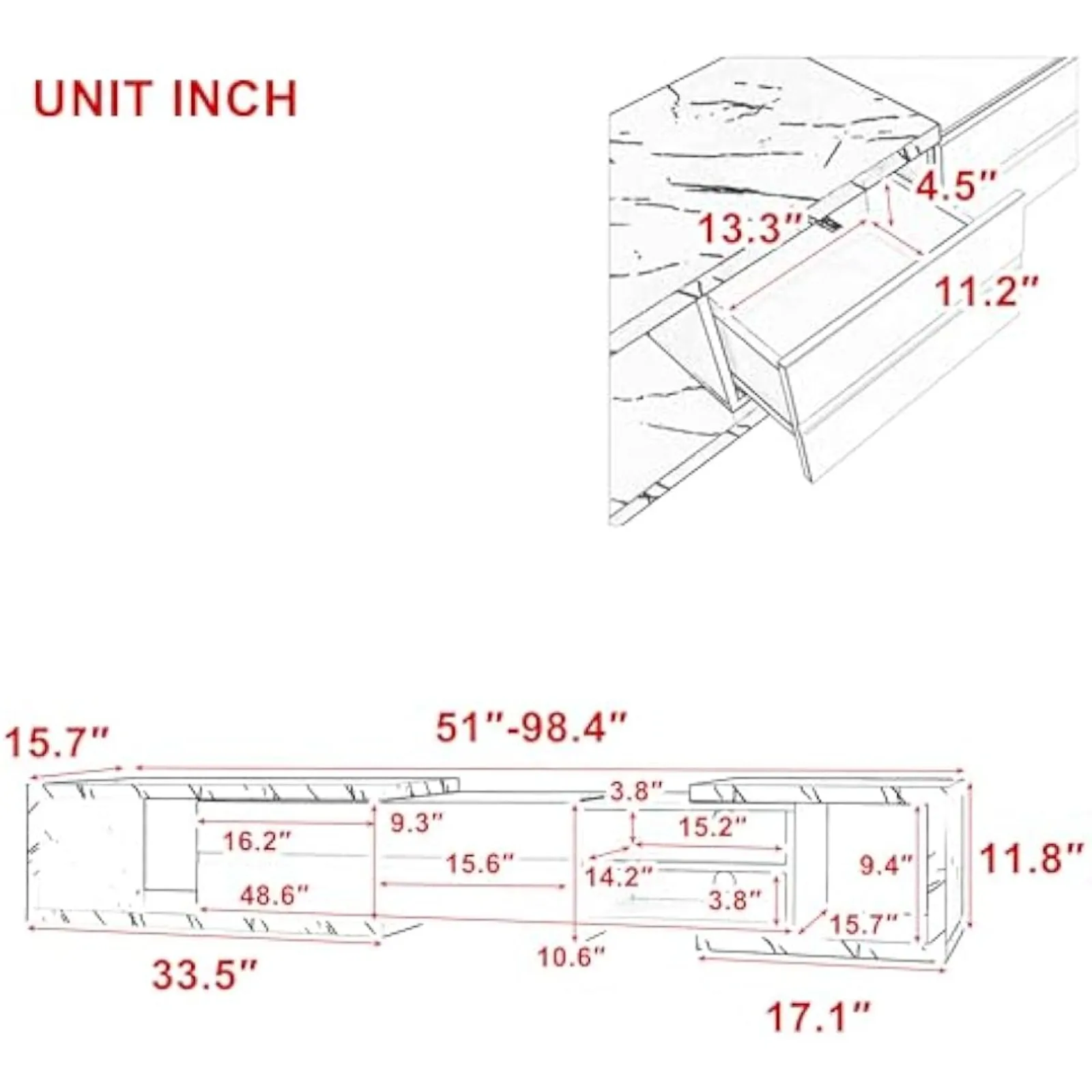 US Modern Extendable TV Stand for 100 Inch Television, Gaming Entertainment Center with 2 Storage Drawers & Open Shelves,