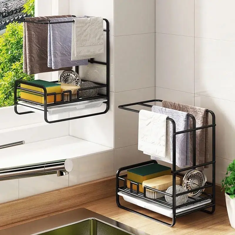 Kitchen Rag Organizer and Drying Rack Sponge Holder Dish Drainer Countertop Brush Soap Rack Sink Tray Drain Sink