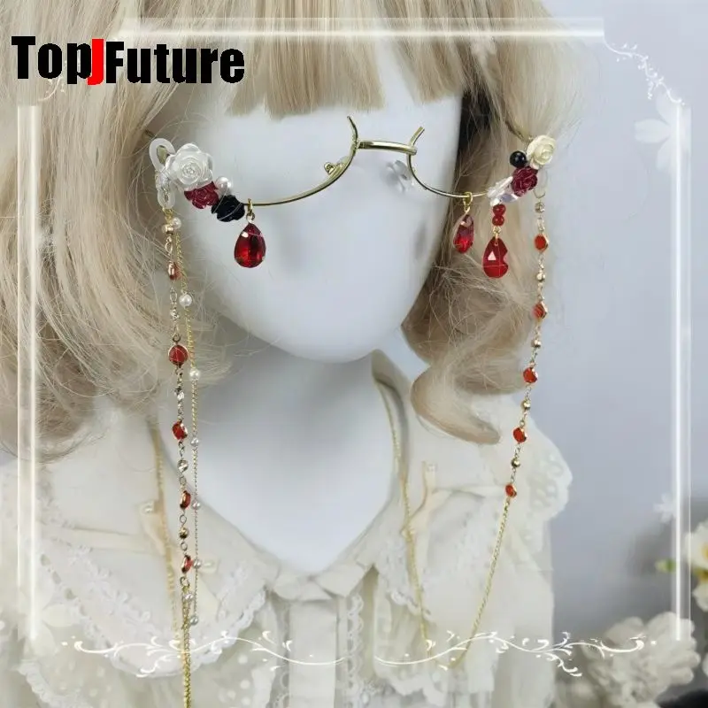 Women Harajuku Subculture Lolita girl Handmade Fairy Floral Half Frame Glasses Elegant Tear Drop Chain Pendant Vintage Glasses