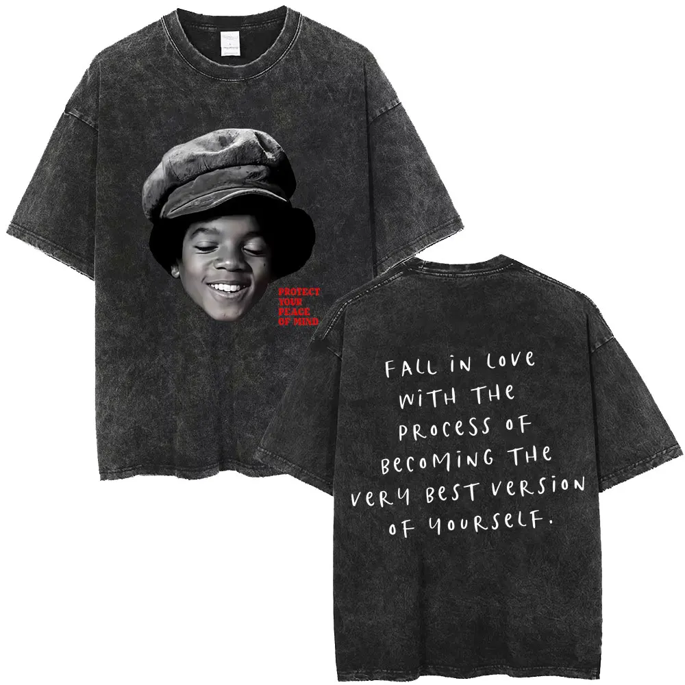 Washed Vintage Michael Jackson Childhood Photo T-shirt Protect Your Peace of Mind T-shirts Men Gothic Rock Oversized T Shirts