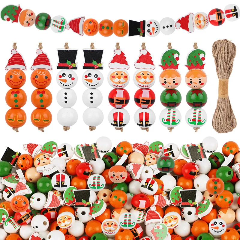 

48/80Pcs DIY Christmas Wooden Beads Set Santa Snowman Elf Garland Xmas Tree Hanging Pendants New Year Party Home Decoration Gift