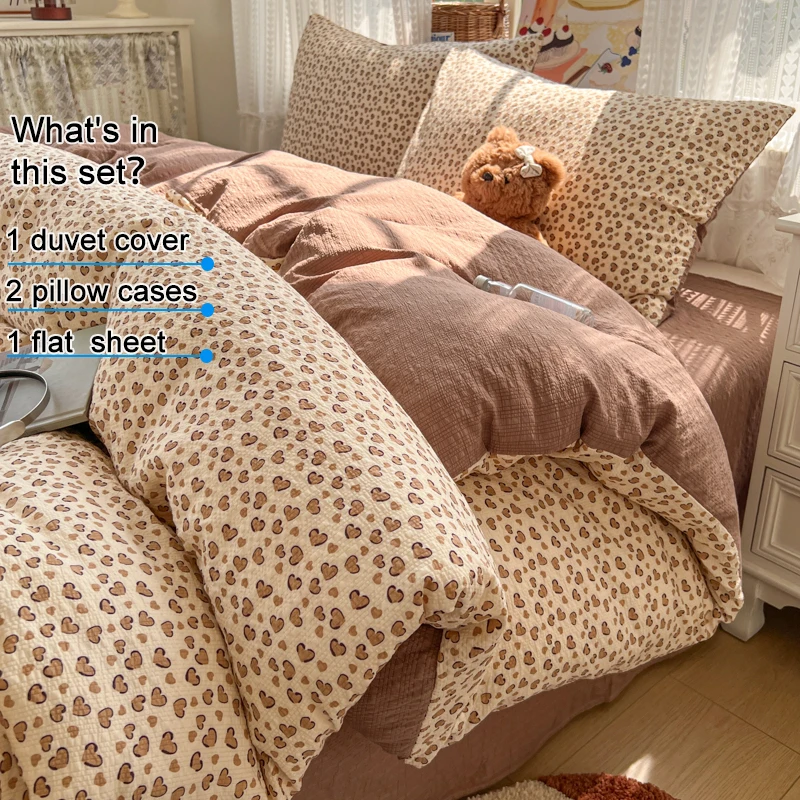 Vintage Leopard‑Spot Print Microfiber Bedding Set 4 Pieces , 1 Duvet Cover 1 Flat Sheet 2 Pillowcases, Soft Breathable Bed Linen