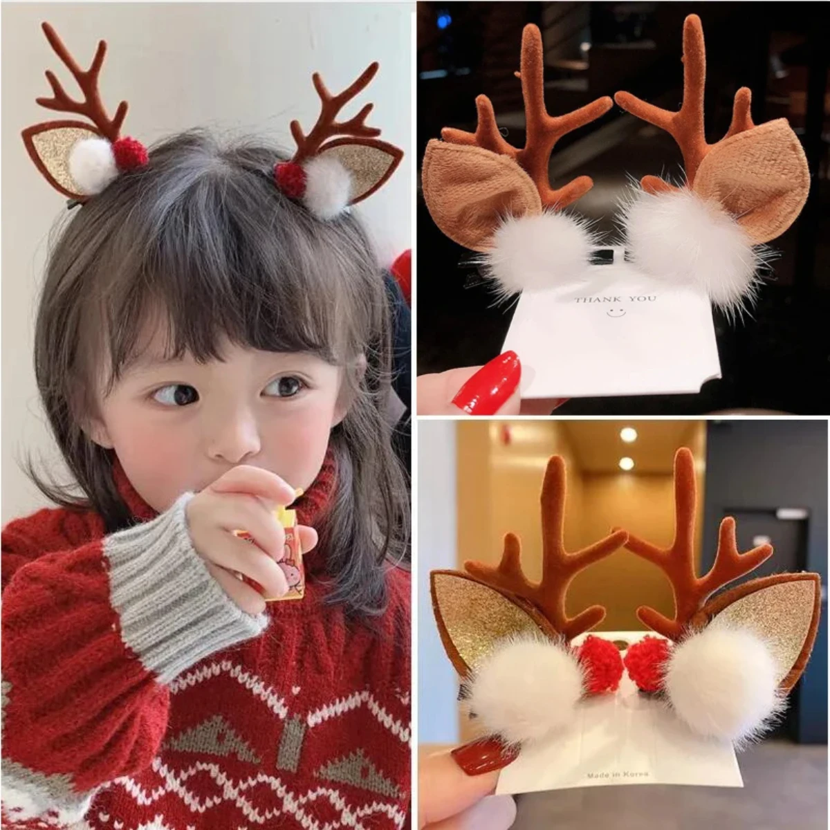 2pcs/Set  Christmas Elk Ear Hair Clip Women Girl Santa Snowman Hairpin Xmas Party Barrettes For Kids Kawaii Cosplay Headwear