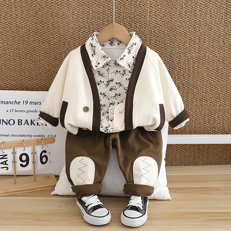 Spring autumn 2024 toddler boys 3PCS Clothes set floral cotton shirts letter coat patched pants suit kids baby boys outfits