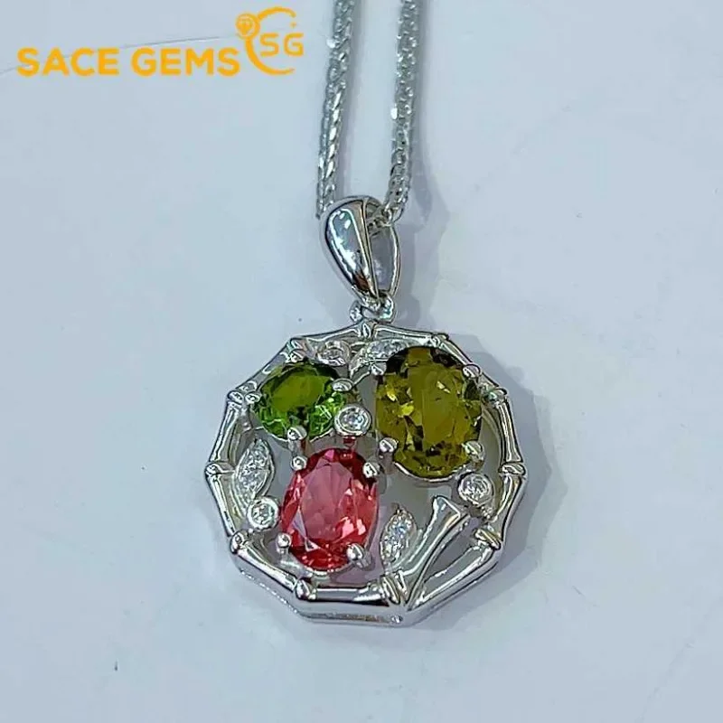 

SACE GEMS Luxury 925 Sterling Silver Certified 6*8MM Natual Tourmaline Pendant Necklace for Women Cocktail Party Fine Jewelry