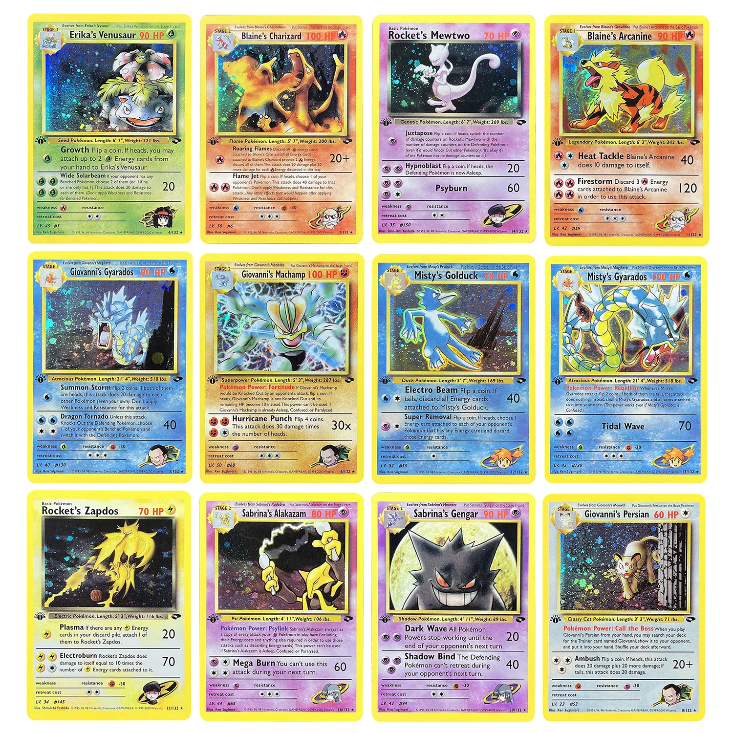 Tarjetas proxy PTCG Desafío de gimnasio Cohete Mewtwo Blaine's Charizard Erika's Venusaur Rocket's Zapdos Giovanni's Gyarados DIY