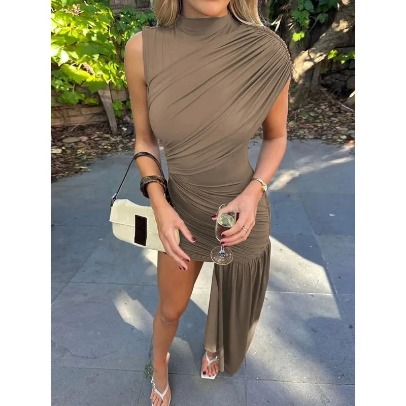 

Summer Pleated Sexy Mini Dress 2025 Women Irregular Hip Hugging Skirt Sleeveless O-neck Club Party Evening Dress Robe Femme Été