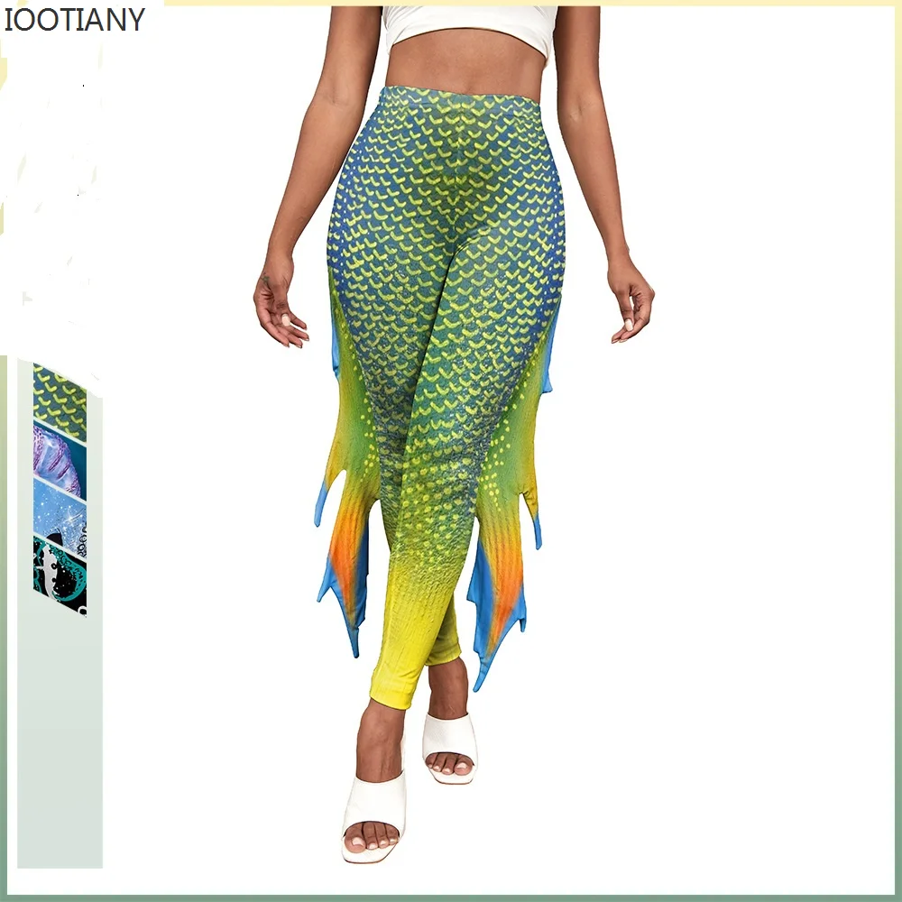 IOOTIANY Euro American New Hip Lifting Feet Spodnie damskie Mermaid Tail Scale Fish Fin Printed Spodnie dresowe 2023