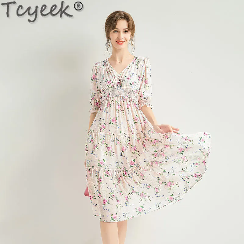 

Tcyeek 100% Real Mulberry Silk Women's Dress Elegant Dresses for Women Summer Clothes new Long Dress 2024 French Floral Dress